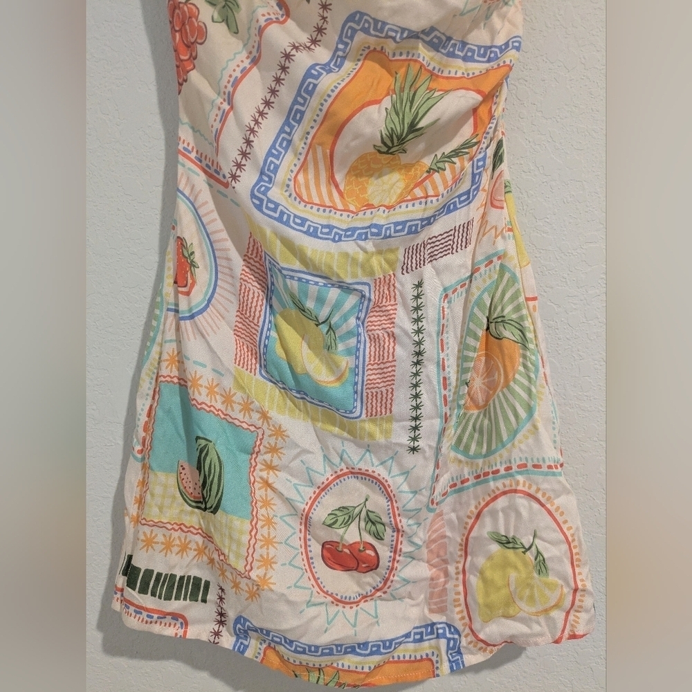 Seven Wonders Colorful Fruit Print Asymmetric Halter Fitted Agata Mini Dress - Picture 9 of 13